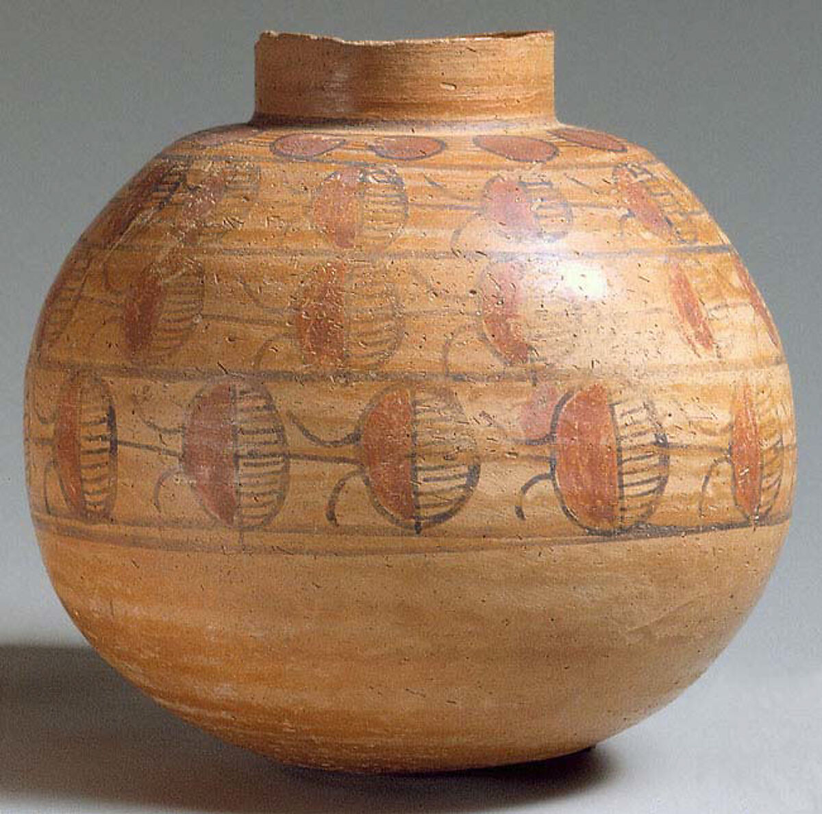 Spherical jar with four rows of painted decoration, Pottery, paint