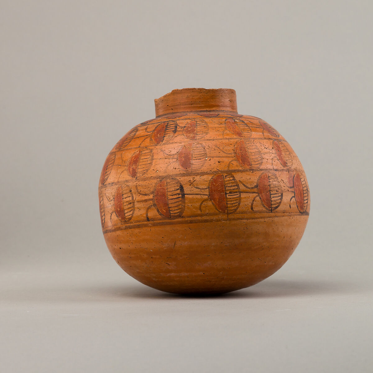 Spherical jar with four rows of painted decoration, Pottery, paint