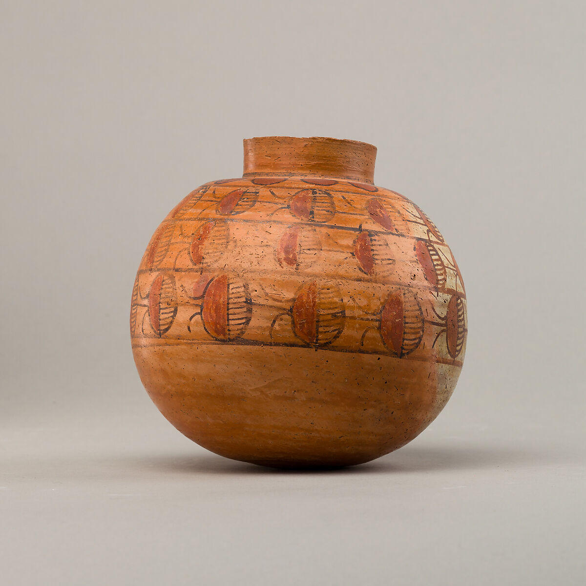Spherical jar with four rows of painted decoration, Pottery, paint