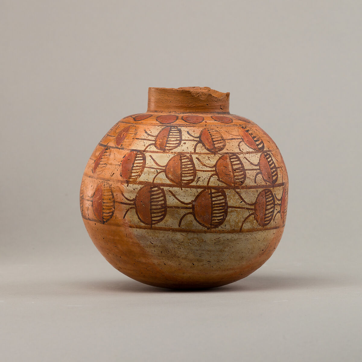 Spherical jar with four rows of painted decoration, Pottery, paint 