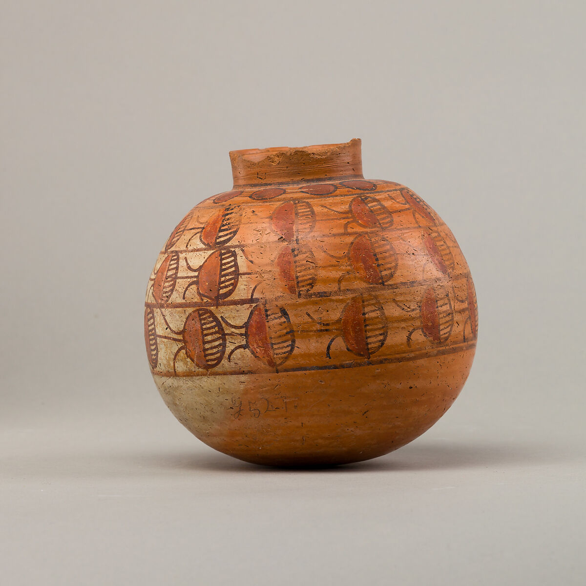 Spherical jar with four rows of painted decoration, Pottery, paint