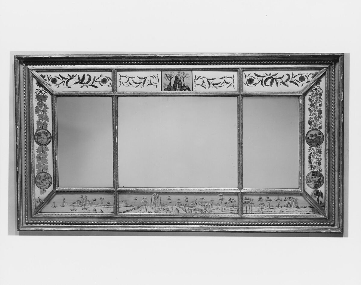 Overmantel Looking Glass, Gilt gesso, pine, eglomise panels, American 