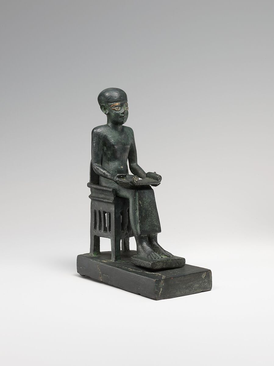 Statue of Seated Imhotep, Cupreous metal, precious metal inlay