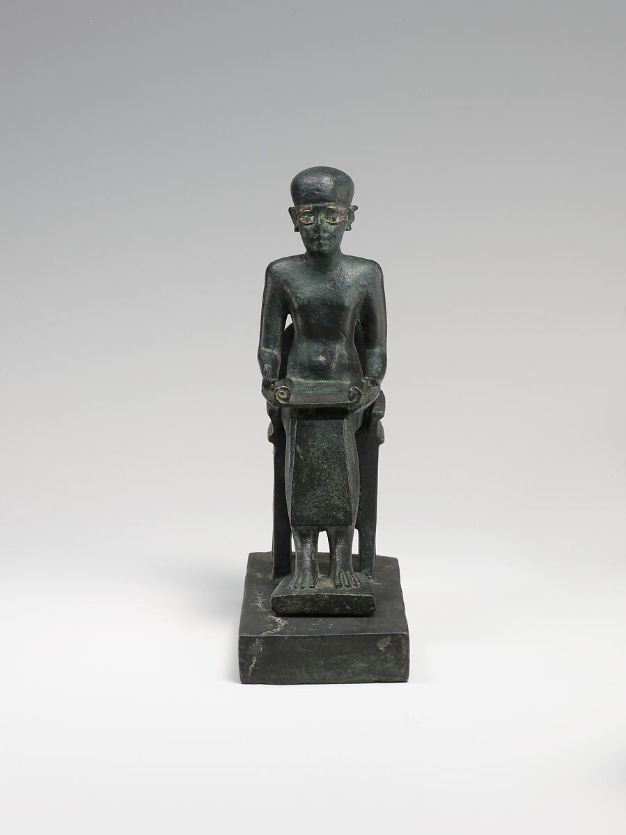 Statue of Seated Imhotep, Cupreous metal, precious metal inlay 