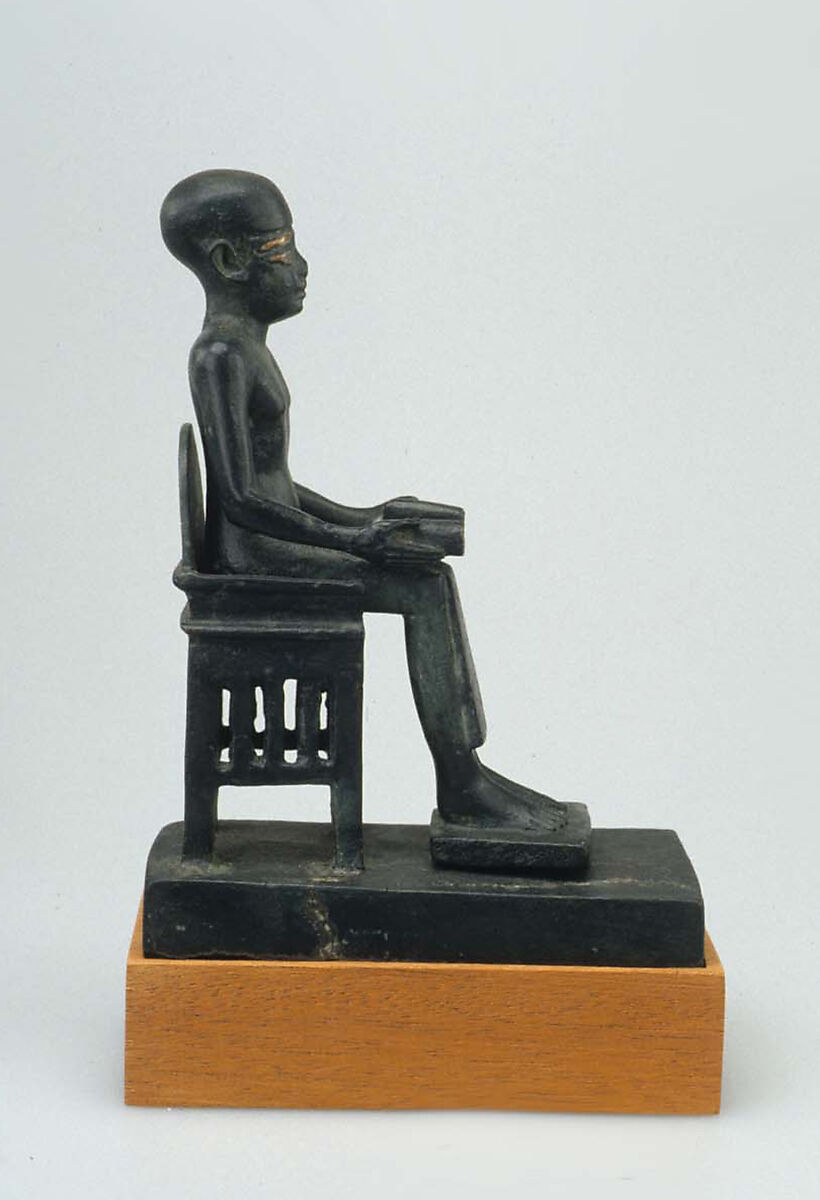 Statue of Seated Imhotep, Cupreous metal, precious metal inlay