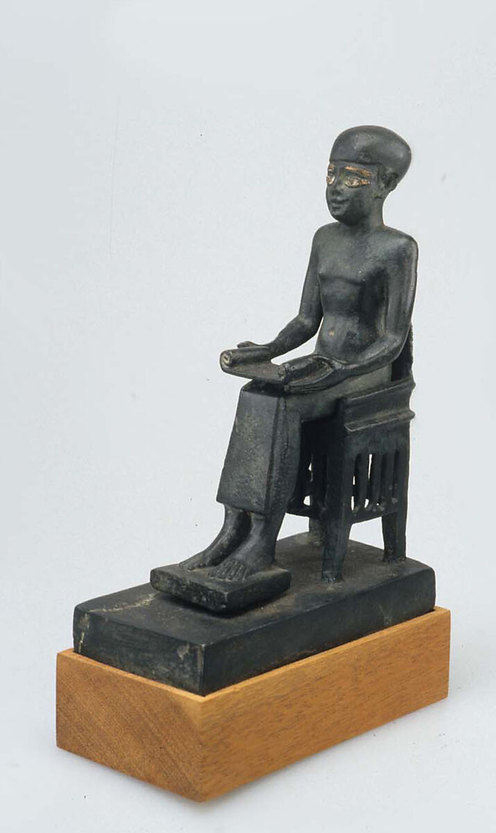Statue of Seated Imhotep, Cupreous metal, precious metal inlay
