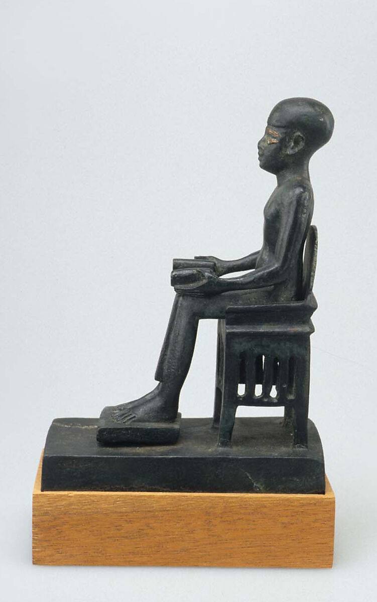 Statue of Seated Imhotep, Cupreous metal, precious metal inlay