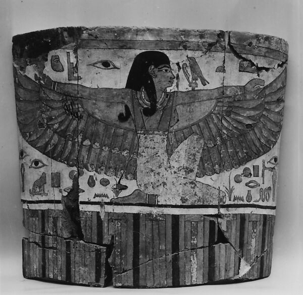 Head end of the outer coffin box of Pakherenkhonsu, Wood, paste, paint 