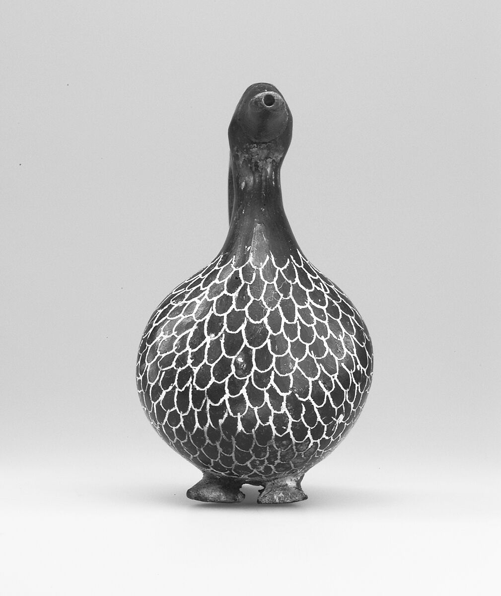 "Tell el-Yahudiya" Vase in the Shape of a Duck, Pottery, smoke blackening, white gypsum