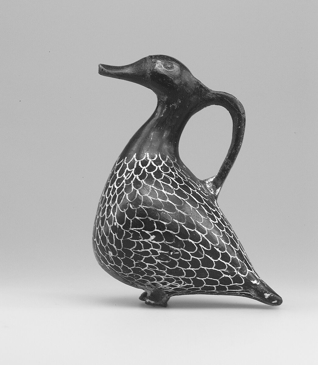 "Tell el-Yahudiya" Vase in the Shape of a Duck, Pottery, smoke blackening, white gypsum