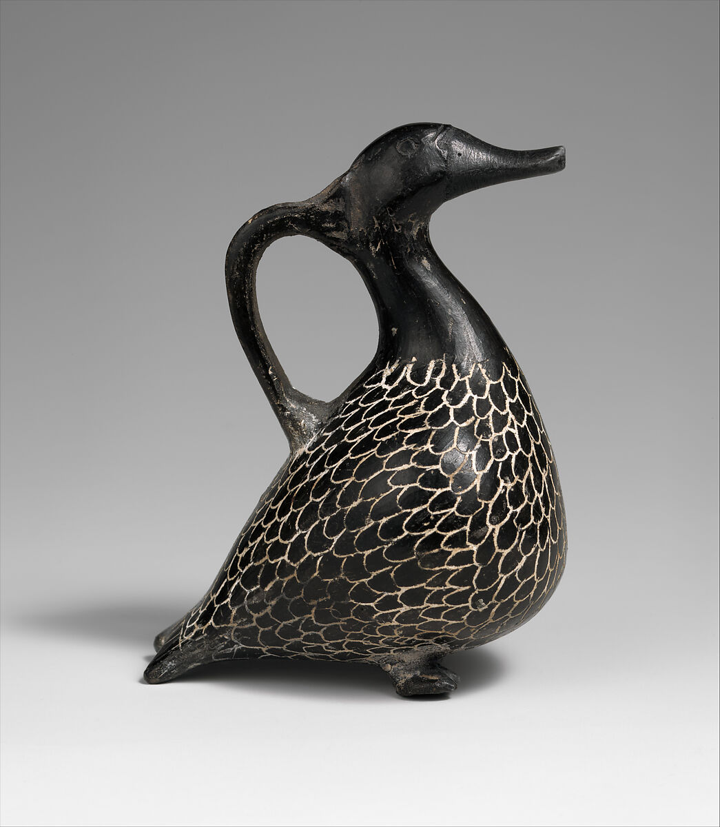 "Tell el-Yahudiya" Vase in the Shape of a Duck, Pottery, smoke blackening, white gypsum 