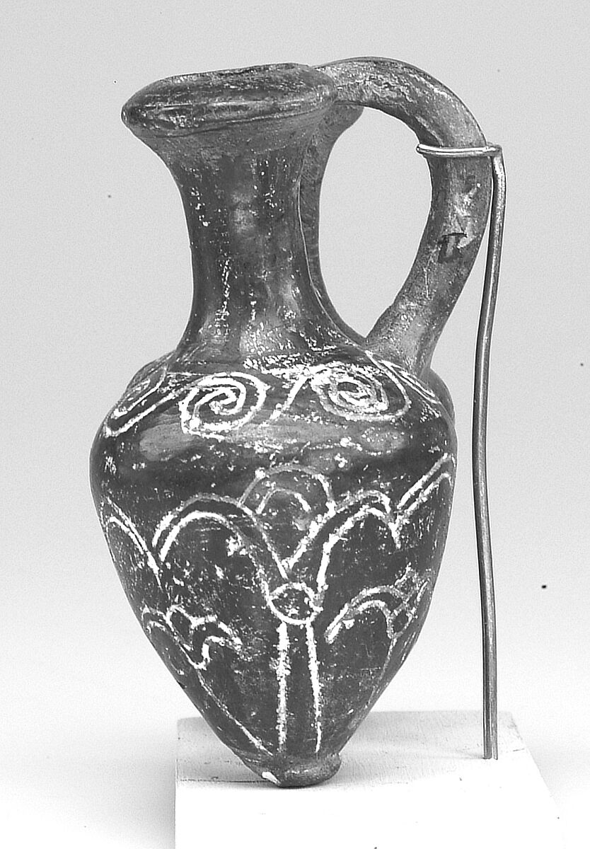 Double "Tell el-Yahudiya" Vase with Incised Lotus Flowers, probably manufactured in Egypt, Pottery, smoke blackening, white gypsum