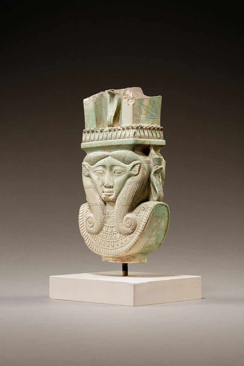 Sistrum fragment in the shape of a Hathor head, Green faience