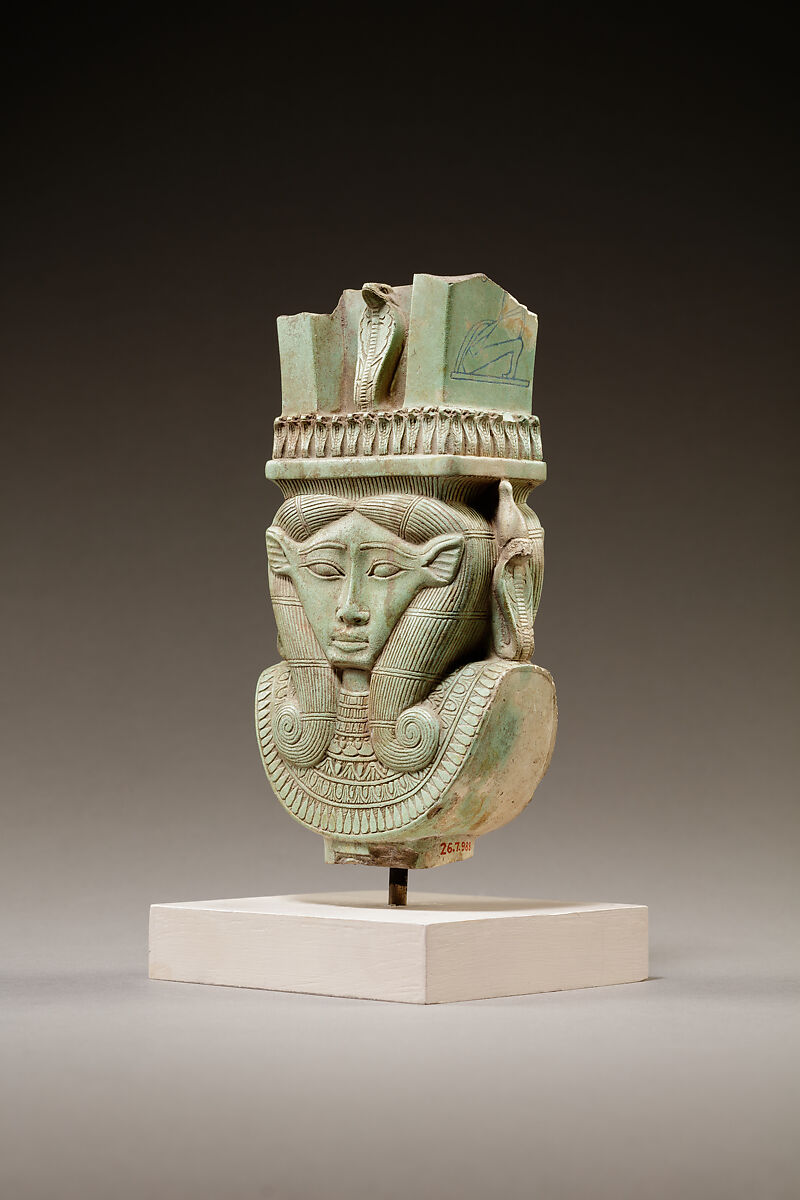 Sistrum fragment in the shape of a Hathor head, Green faience