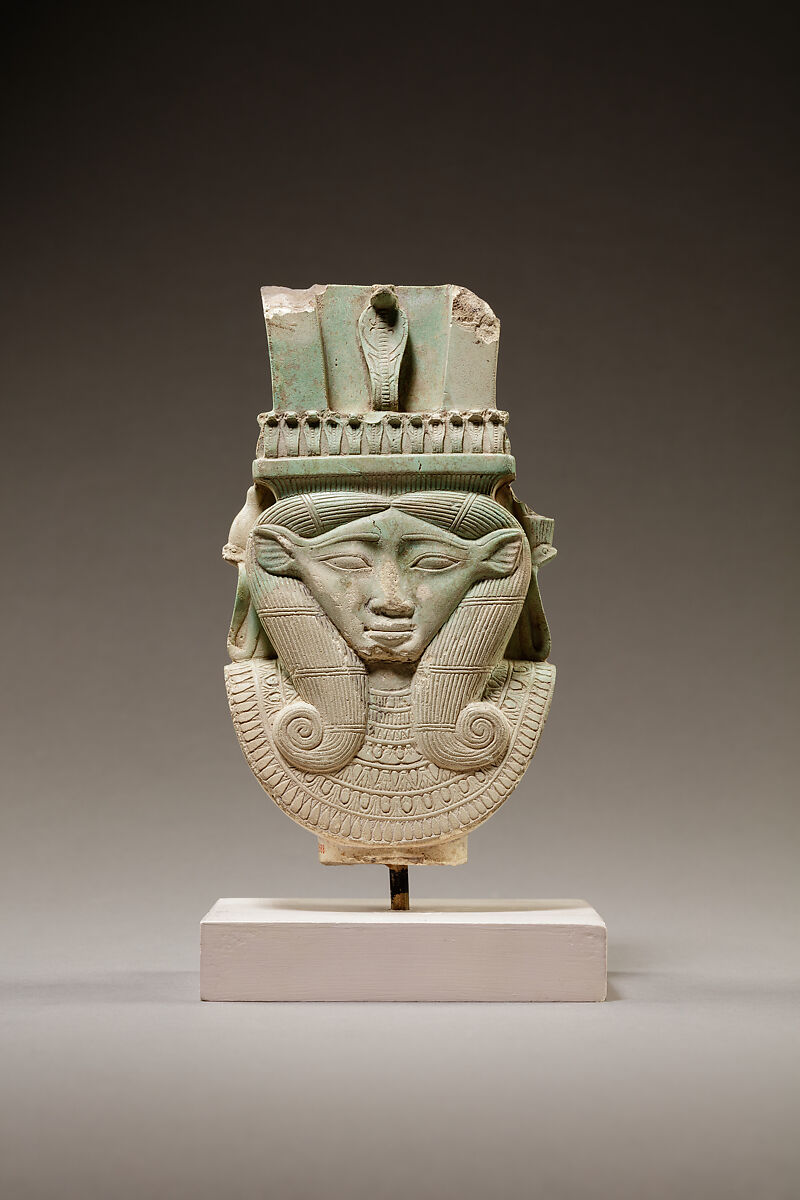 Sistrum fragment in the shape of a Hathor head, Green faience