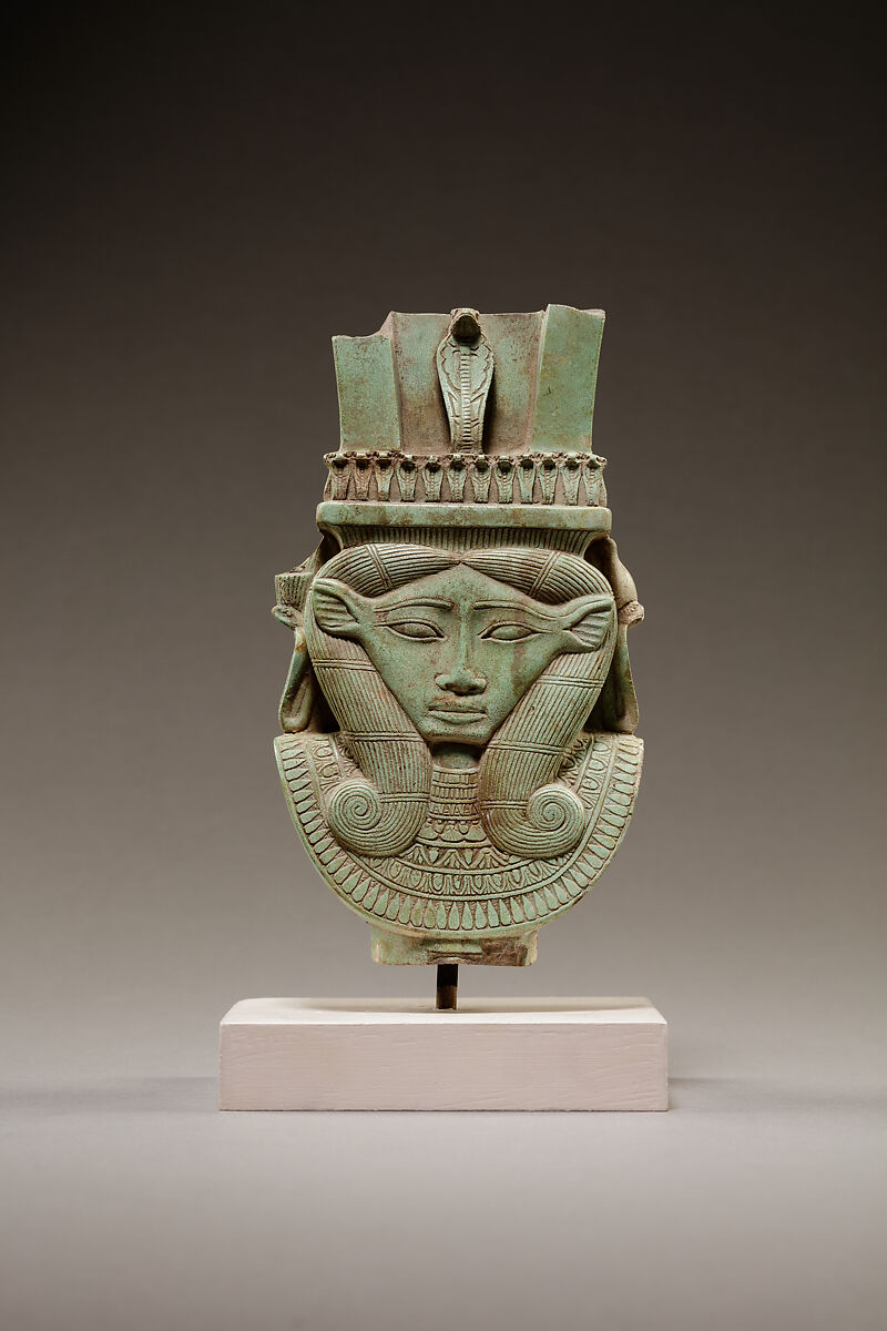 Sistrum fragment in the shape of a Hathor head, Green faience 