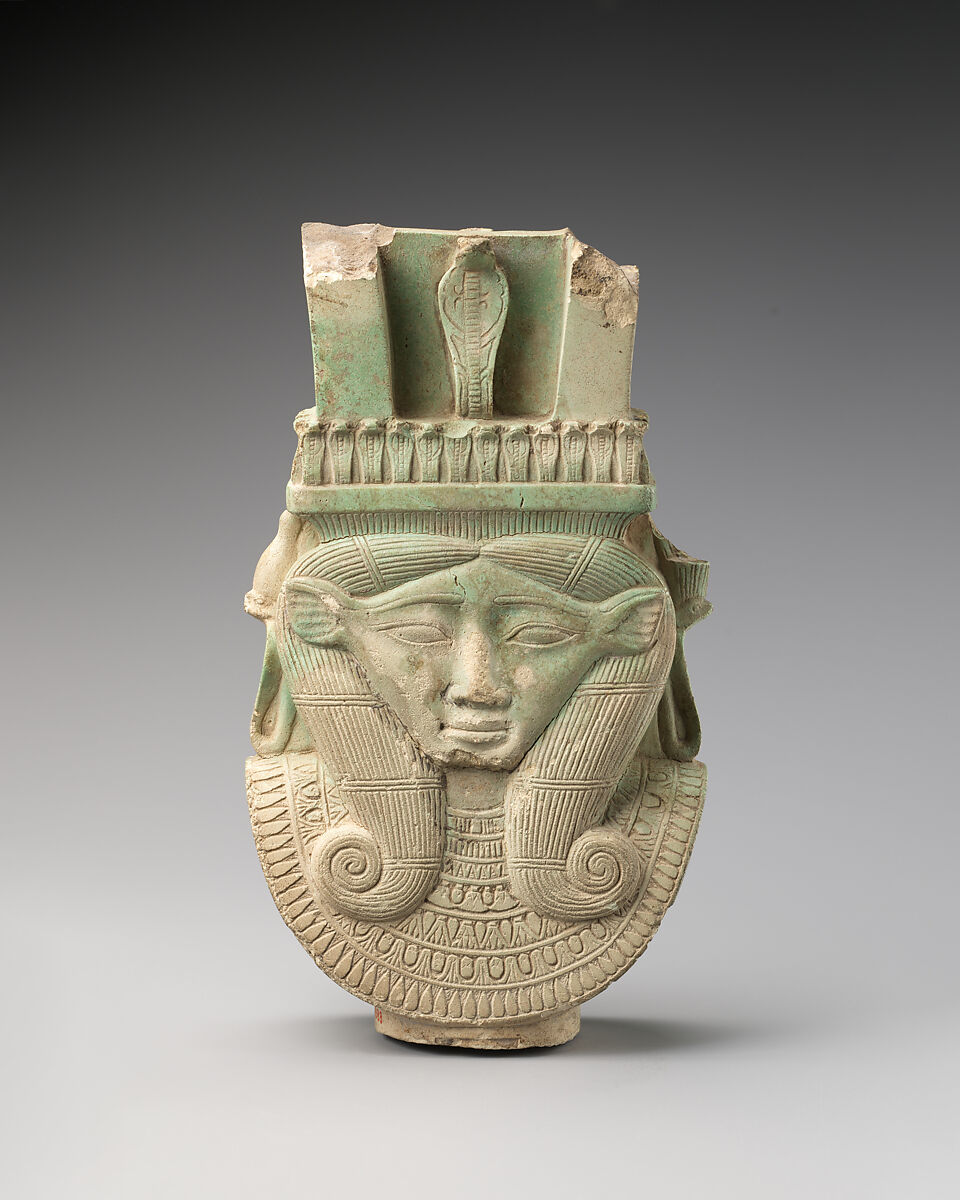 Sistrum fragment in the shape of a Hathor head, Green faience