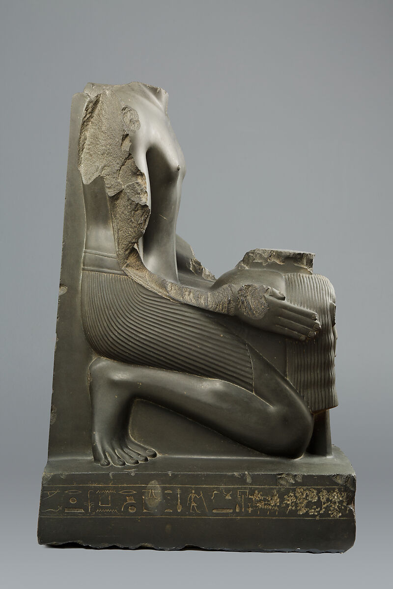 Kneeling statue of Amenemopetemhat holding the Hathor emblem, Metagraywacke