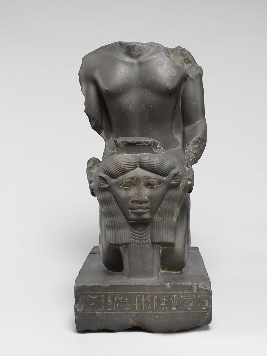 Kneeling statue of Amenemopetemhat holding the Hathor emblem, Metagraywacke