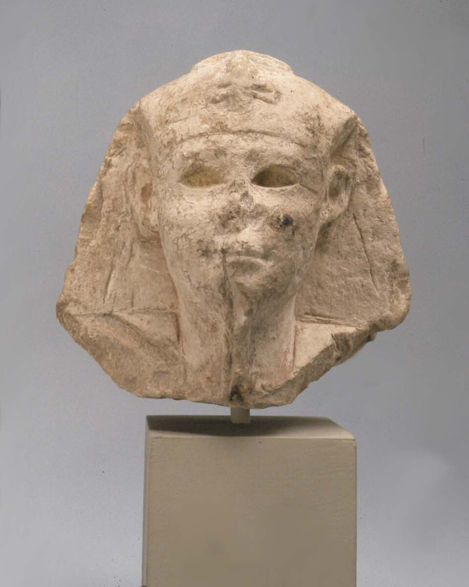 Head of a king as Khepri, possibly Ptolemy VI Philometor, Limestone, paint traces