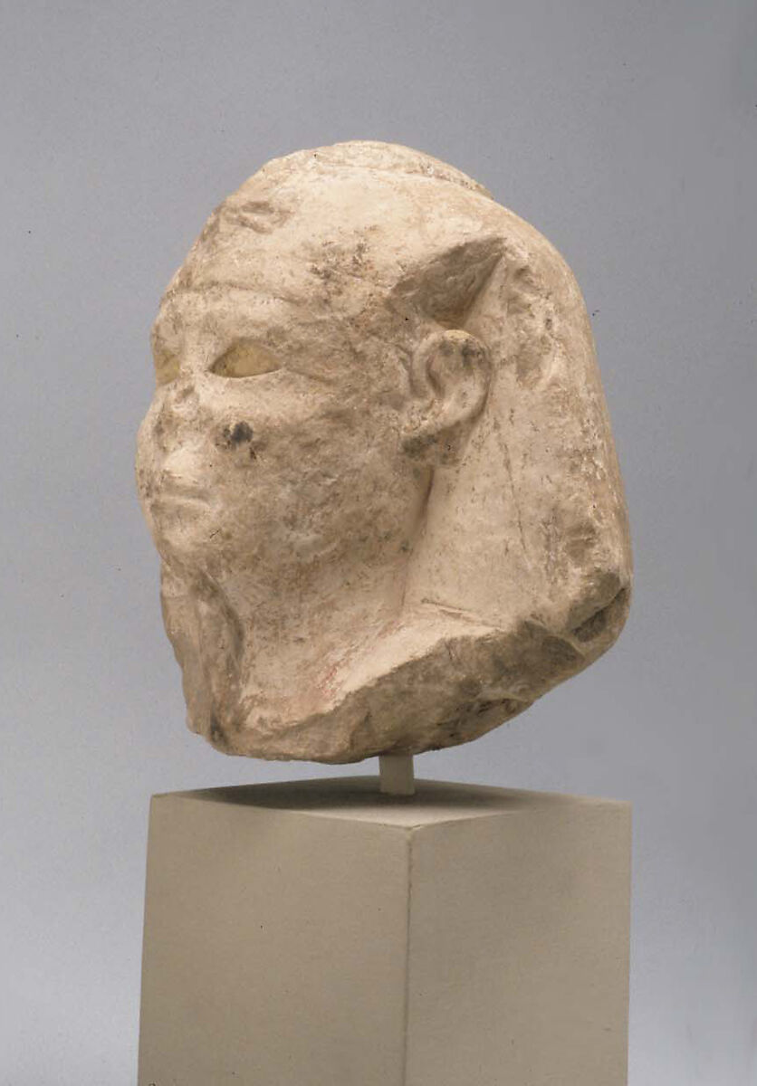 Head of a king as Khepri, possibly Ptolemy VI Philometor, Limestone, paint traces