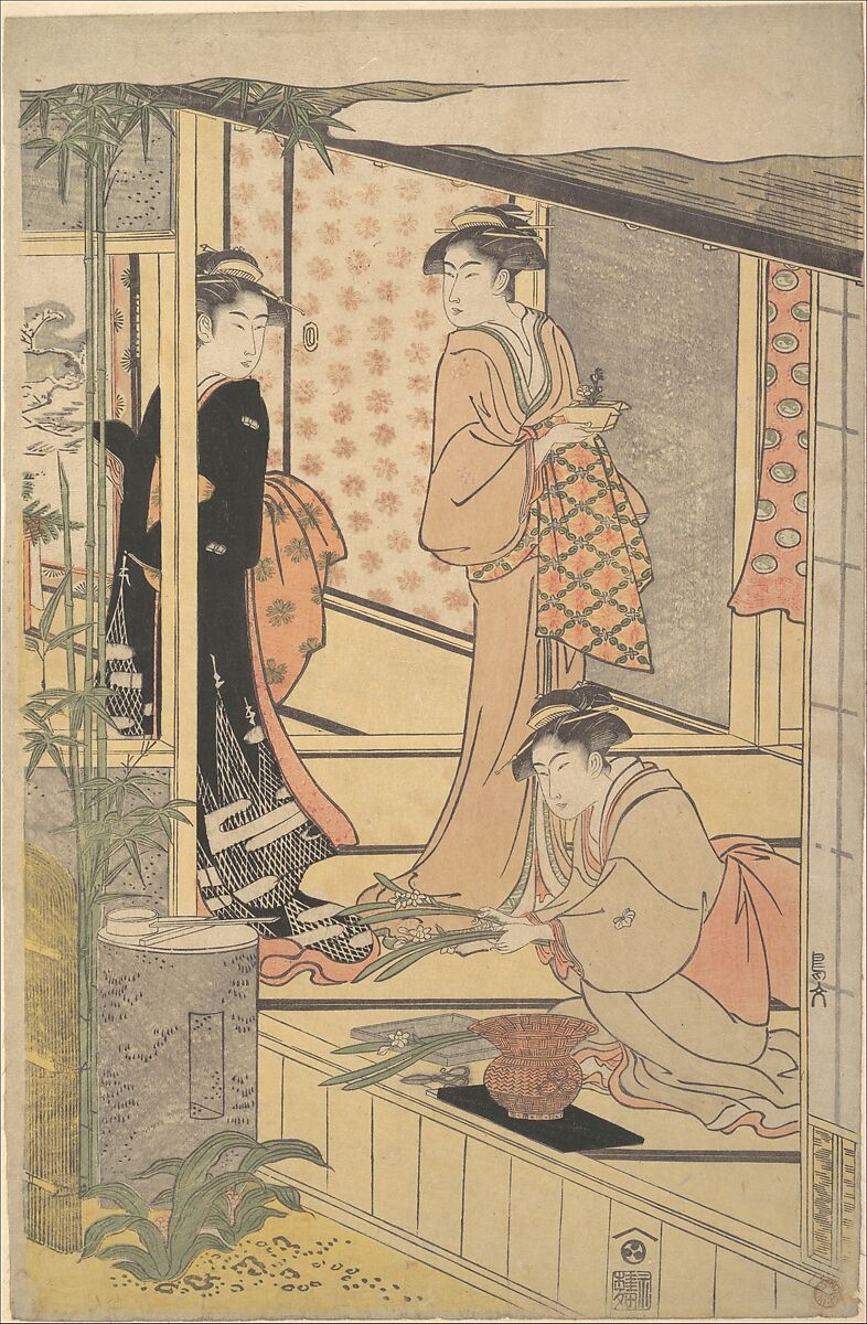 Preparing New Year Decorations, Hosoda Eishi (Japanese, 1756–1829), Right-hand sheet from a triptych of woodblock prints; ink and color on paper, Japan 