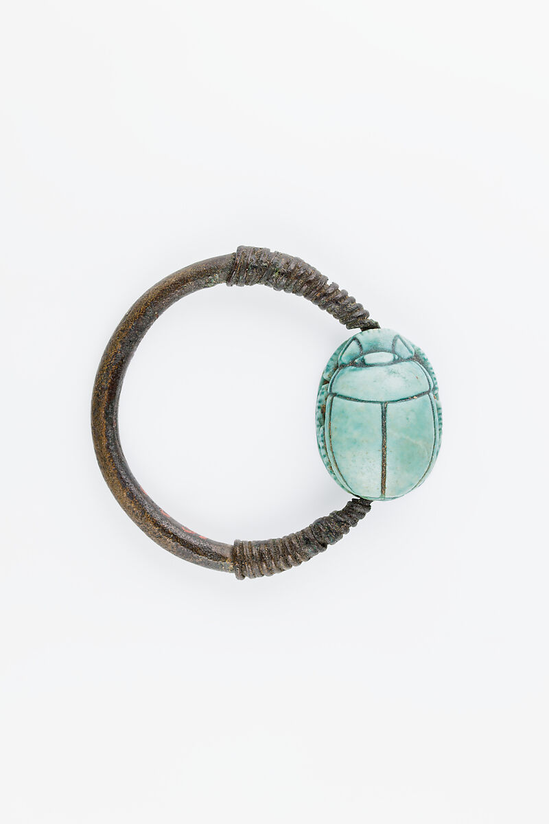 Scarab Finger Ring, Bronze or copper alloy, glazed steatite