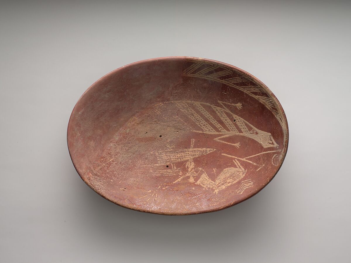 A shallow white cross-lined ware bowl illustrating a man on a boat alongside a hippo and crocodile, Pottery, paint
