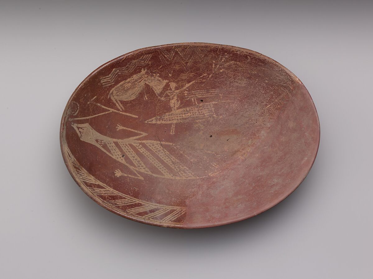 A shallow white cross-lined ware bowl illustrating a man on a boat alongside a hippo and crocodile, Pottery, paint