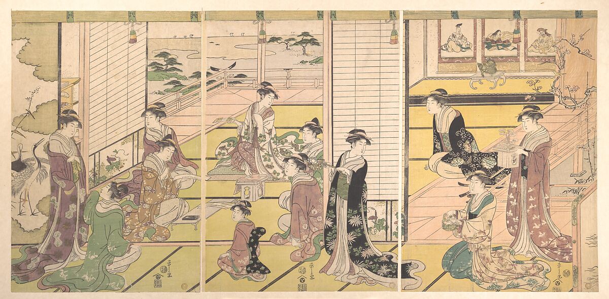 Honoring the Three Gods of Poetry: Women Composing Poems, Chōbunsai Eishi (Japanese, 1756–1829), Triptych of woodblock prints; ink and color on paper, Japan 