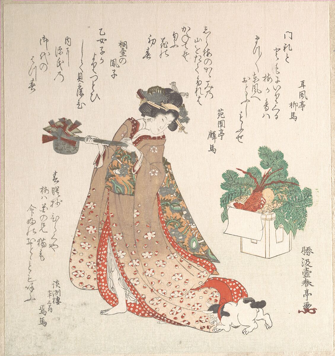 Young Woman Carrying a Wine-Pot for the New Year Ceremony, Katsukawa Shuntei (Japanese, 1770–1820), Woodblock print (surimono); ink and color on paper, Japan 