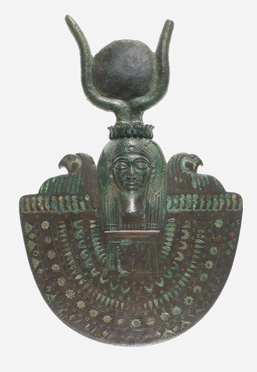 An aegis of Isis, Bronze or copper alloy, green glass, blue glass