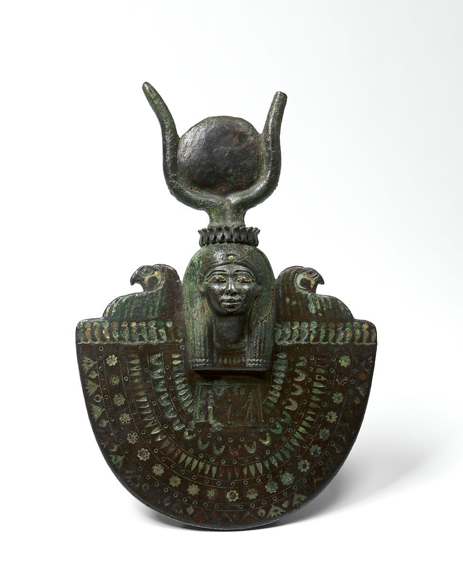 An aegis of Isis, Bronze or copper alloy, green glass, blue glass 