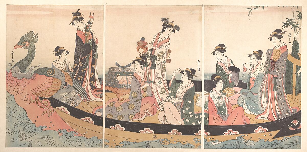 The Treasure Boat, Chōbunsai Eishi (Japanese, 1756–1829), Triptych of woodblock prints; ink and color on paper, Japan 