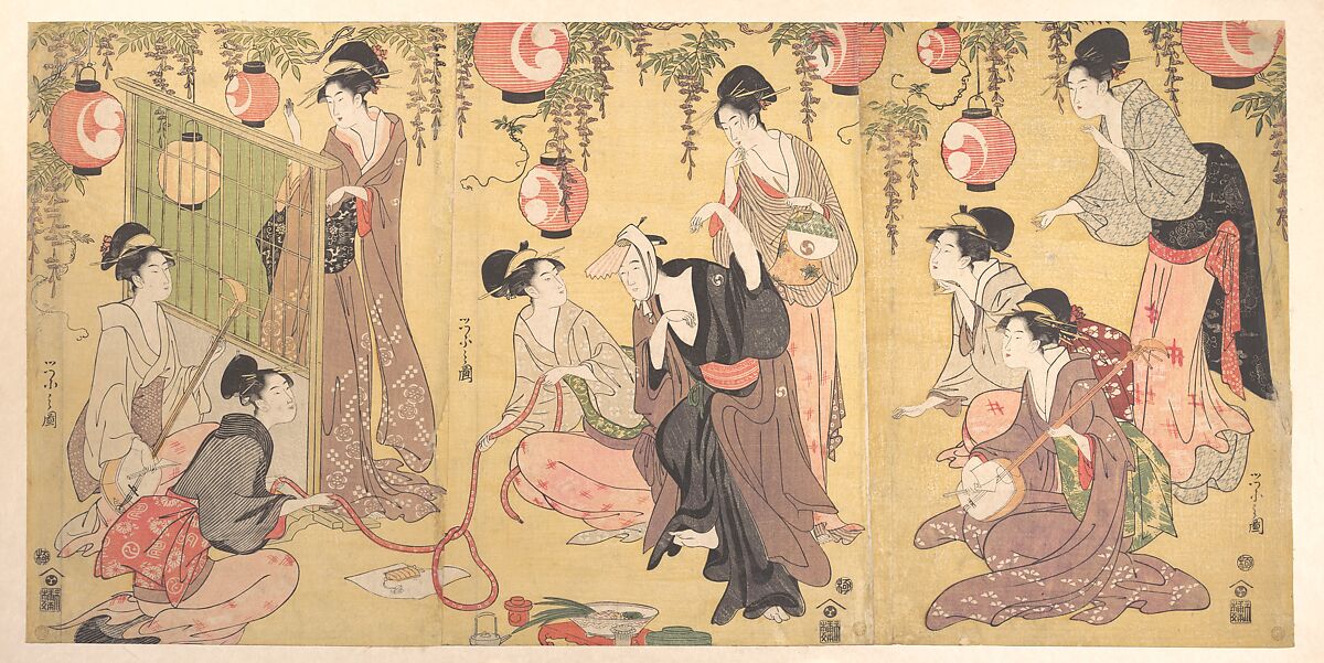 A Parody of Yuranosuke in the Pleasure Quarters, Chōbunsai Eishi (Japanese, 1756–1829), Triptych of woodblock prints; ink and color on paper, Japan 