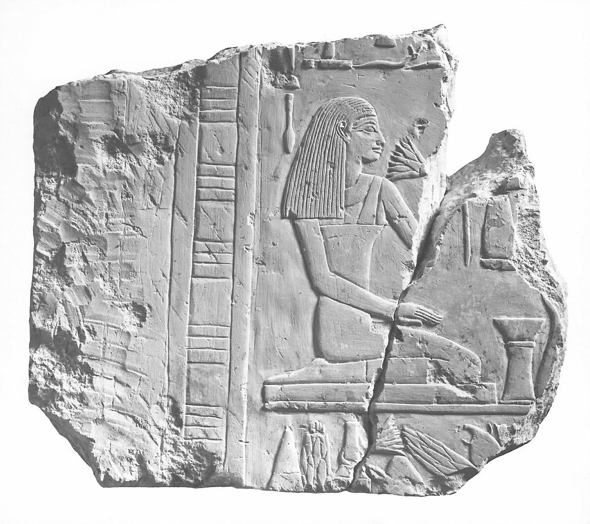 Relief Fragment Depicting a Kneeling Woman, Limestone, paint