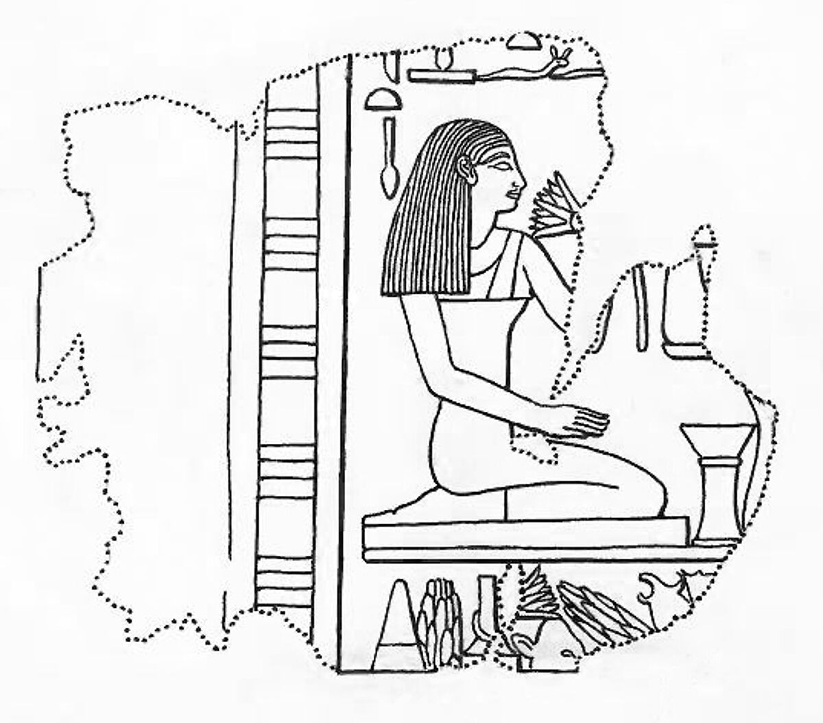 Relief Fragment Depicting a Kneeling Woman, Limestone, paint