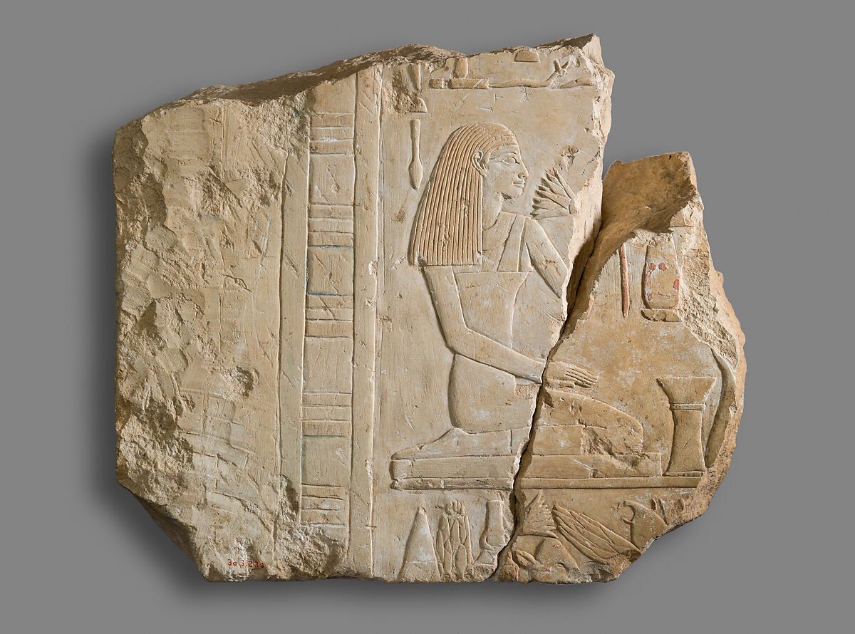 Relief Fragment Depicting a Kneeling Woman, Limestone, paint 