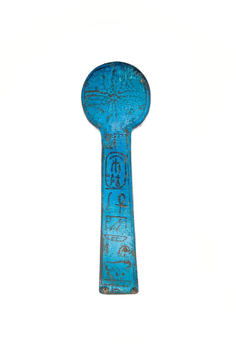 Votive Counterweight (Menit) with Name of Queen Ahmose Nefertari, Faience