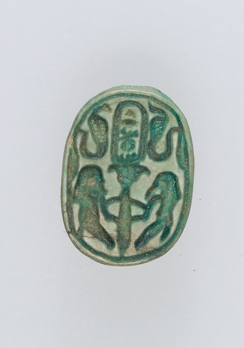Scarab with Two Figures Flanking a Papyrus Plant, Steatite (glazed) 