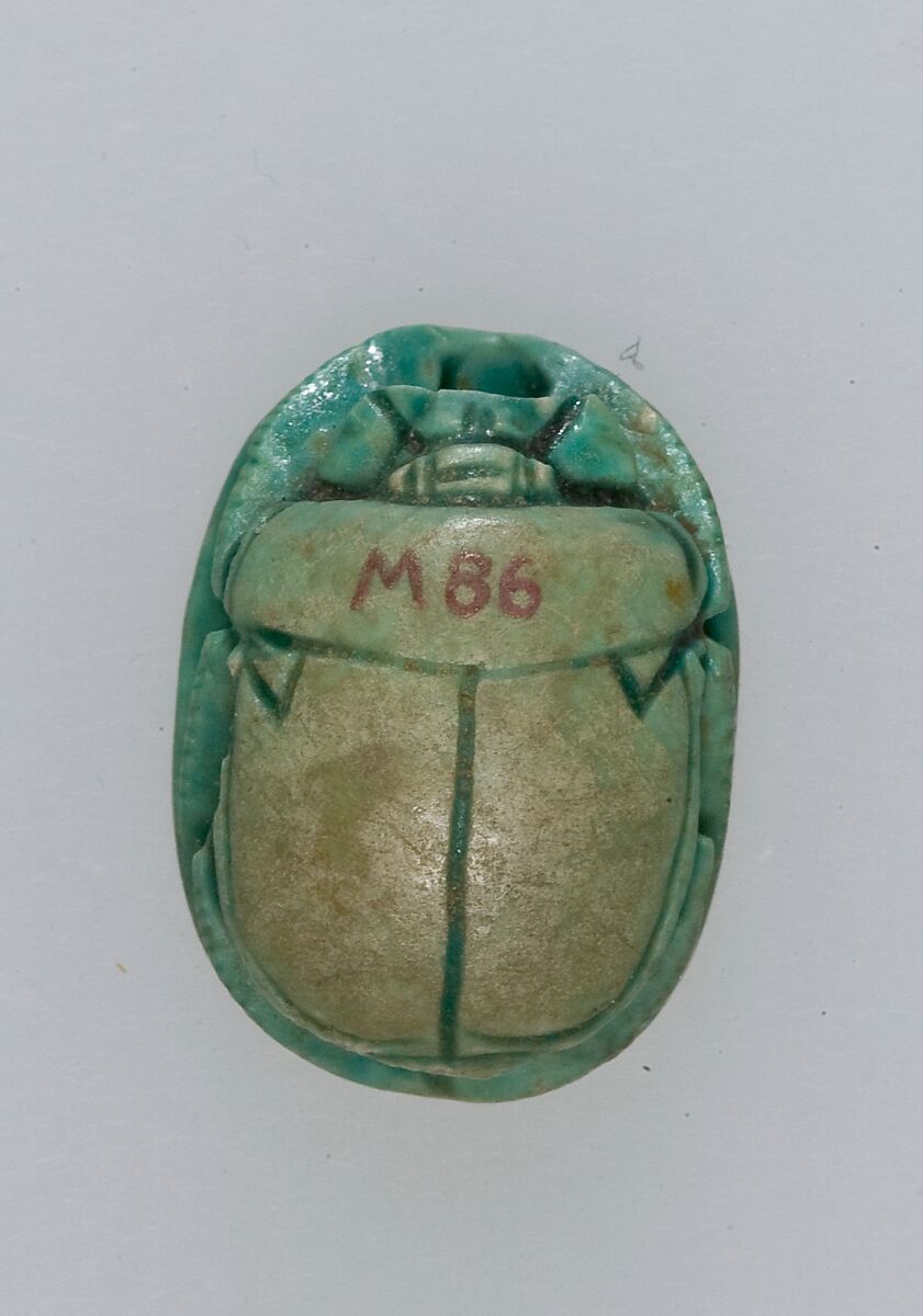 Scarab with Two Figures Flanking a Papyrus Plant, Steatite (glazed)