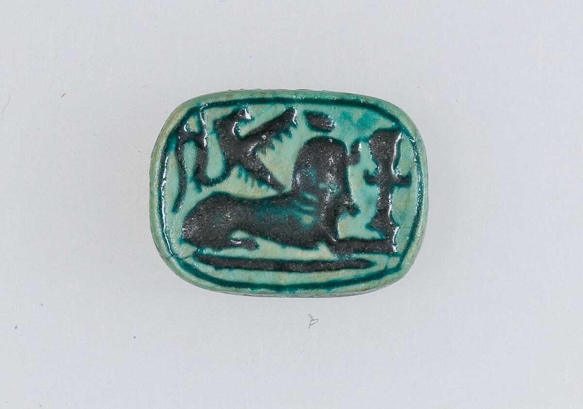 Plaque Bead with Name of Thutmose IV and a Sphinx on the Reverse, Steatite (glazed) 