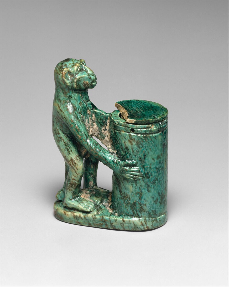 Kohl Tube in the Shape of a Monkey Holding a Vessel, Steatite (glazed) 