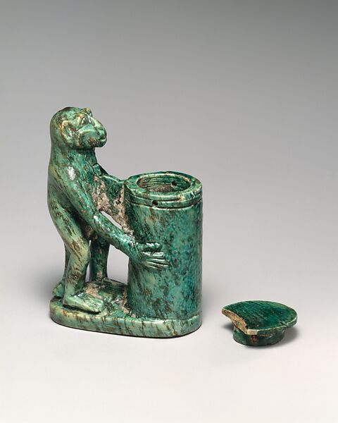 Kohl Tube in the Shape of a Monkey Holding a Vessel, Steatite (glazed)