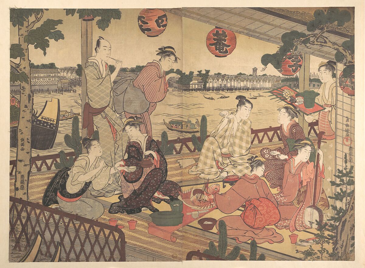 Two Young Men and Several Women Dining at a Tea-house on the Bank of the Sumida River, Kubo Shunman (Japanese, 1757–1820), Diptych of woodblock prints; ink and color on paper, Japan 