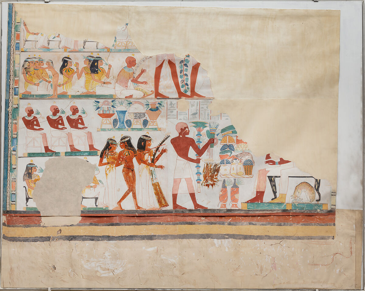 Banquet Scene with Musicians, Tomb of Nakht, Norman de Garis Davies (1865–1941), Tempera on paper 