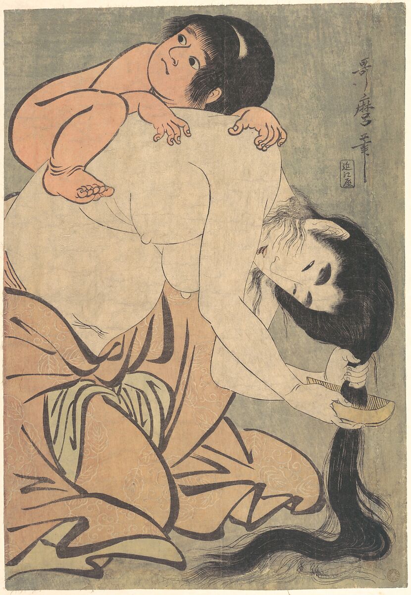 Yamauba Combing Her Hair with Kintarō, Kitagawa Utamaro (Japanese, ca. 1754–1806), Woodblock print (nishiki-e); ink and color on paper, Japan 
