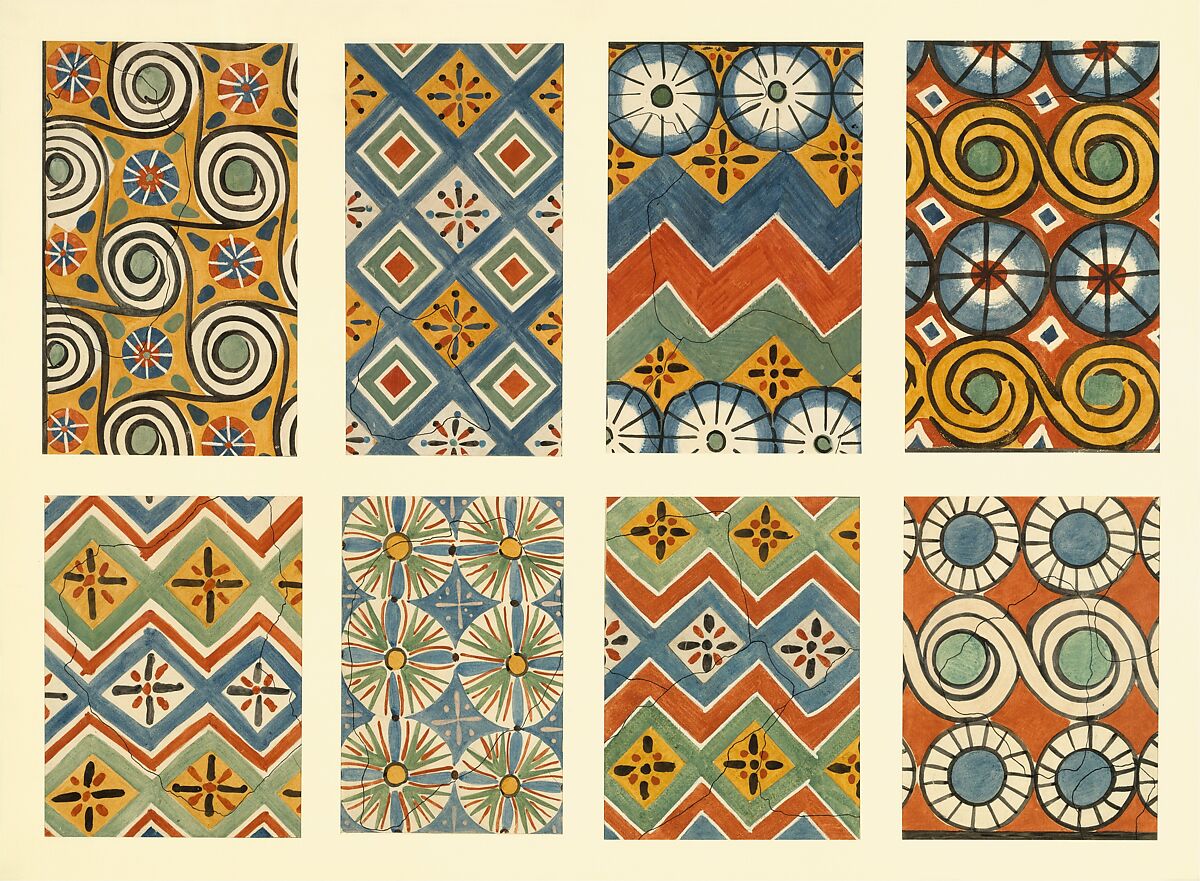 Eight Ceiling Patterns, Tomb of Nebamun and Ipuky, Nina de Garis Davies (1881–1965), Tempera on Paper 