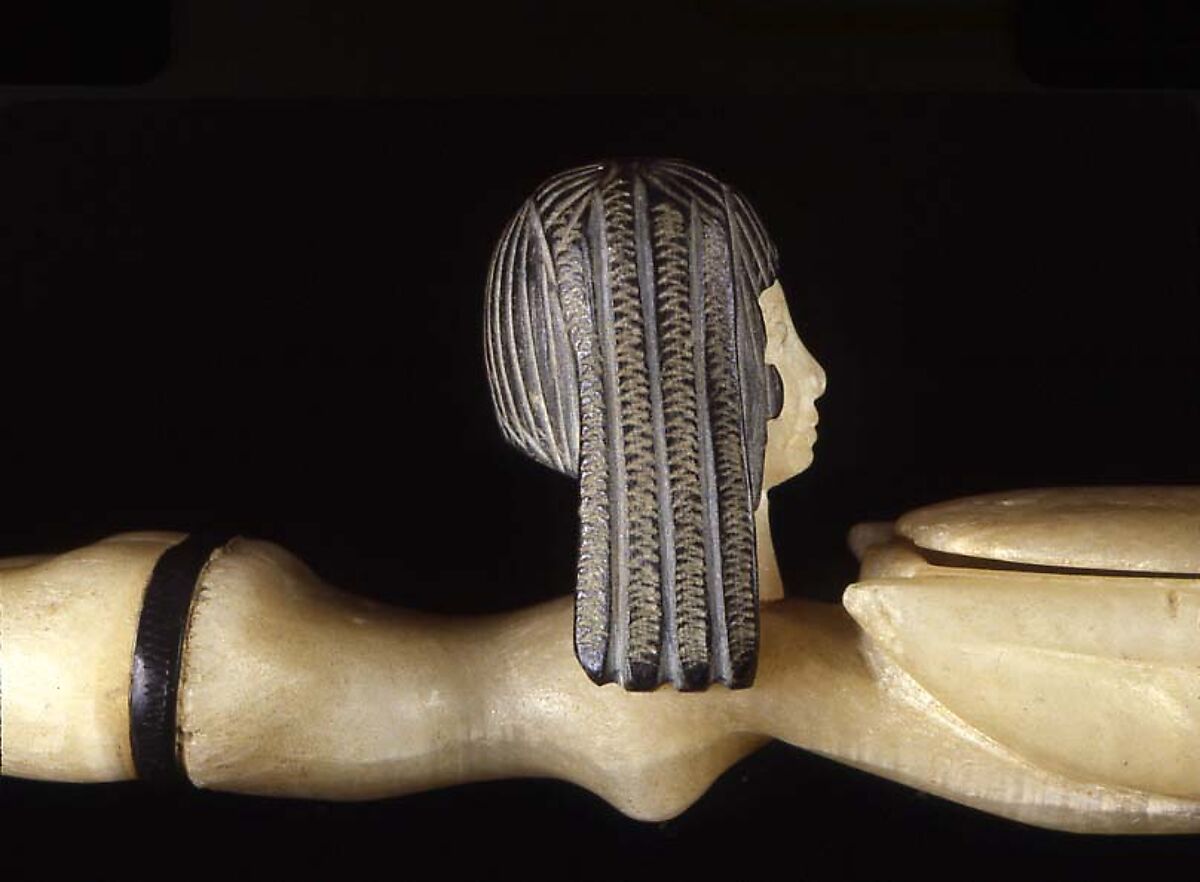 Cosmetic Spoon in the Shape of Swimming Woman Holding a Dish, Travertine (Egyptian alabaster), steatite