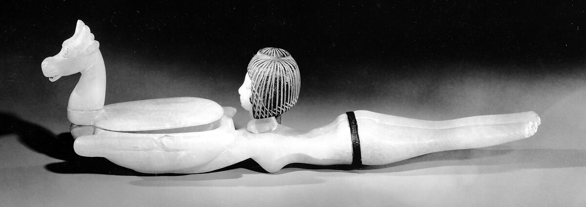 Cosmetic Spoon in the Shape of Swimming Woman Holding a Dish, Travertine (Egyptian alabaster), steatite